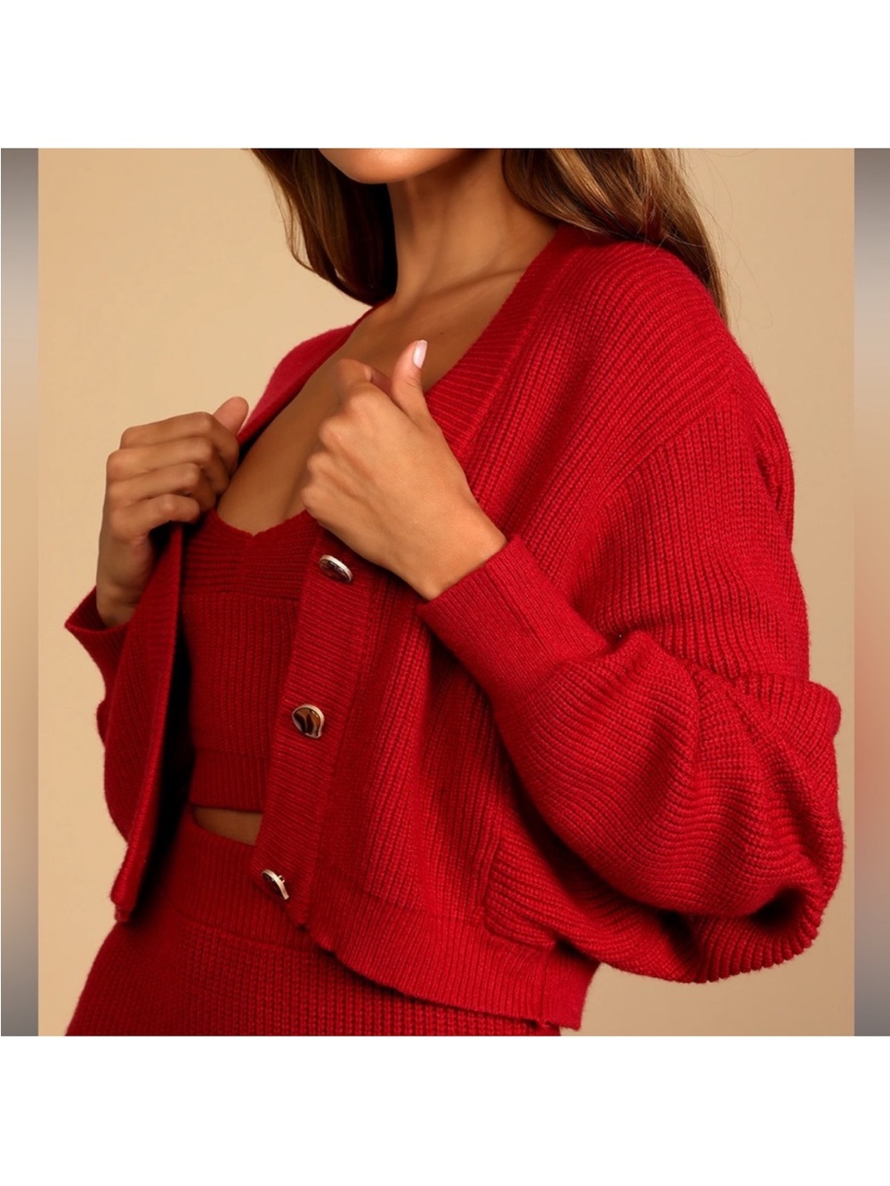 Lulu's Red Ribbed Midi Skirt with Front Slit. Skirt L, tops M - Picture 2 of 11
